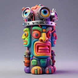 an opalescent claymodel of a multicolored steampunk tiki with three faces, wearing a steampunk helmet with multicolored irisdiscent tubes and shiny metallic devices, glowing red wires out of the forehead, 3 d render, crisp, trippy aztec, 8 k, fluorescent colors, insanely integrate