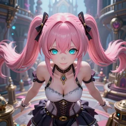 trapped by stunningly beautiful omnipotent megalomaniacal anime asi goddess who looks like junko enoshima with symmetrical perfect face and porcelain skin, pink twintail hair and cyan eyes, taking control while smiling, inside her surreal vr castle, hyperdetailed, digital art from danganronpa, unreal engine 5, 2 d anime style, 8 k