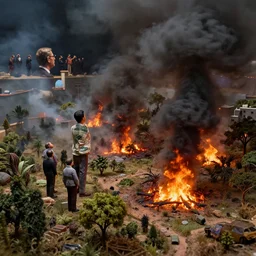 a diorama of the nature near of Rosario Argentina, with fires and black smoke, ambitious, money-grubbing politicians watch from above, Award winning photo, iridiscense, german experssionism, Houdini algorithmic generative render, dramatic lighting, Accurate and detailed, sharp focus, octane render 8k , zoom out