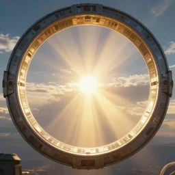 stargate made of metal that form a circle and opens a portal to texas, cinematic view, epic sky highly detailed single ray of golden sunlight, beautiful, cgssociety, artstation, 8 k