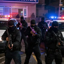 a group of people robbing a bank. they are armed with guns and have masks on to hide their identities, are surrounded by police cars with their lights flashing, but the robbers are confident