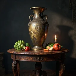 a large vase on top of a antique wooden table, vegetables on table and candle, medieval concept art, cinematic lightning and colors, vray tracing, rendered in unreal engine, dark lightning, contrast shadows