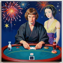 single man in a japanese kimono, sitting at an extremely detailed poker table with the detailed princess leia, sake, coca cola, donuts, on the table, fireworks and stars on the background, by andy warhol, canvas, acrylic paint, cool color palette, masterpiece, 4 k, ultra - hd