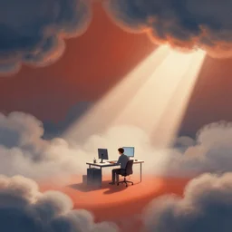 home office interior,, editorial illustration by karolis strautniekas and mads berg, liquid clouds, fog, lonely worker at computer, red orange blue beige, fine texture, detailed, muted colors, film noir, dramatic lighting, dynamic composition, vivid, matte print, wide angle, ( ( sunbeams ) ), moody, extreme perspective