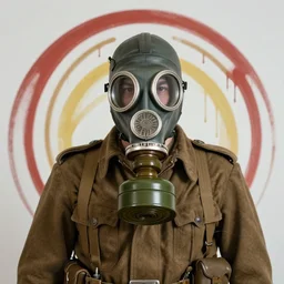 portrait of ww 1 soldier with gas mask, dripping paint fibonacci rhythm ar