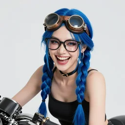 blue hair, double very long braids blue, bronze steampunk welding goggles black glasses, clear makeup, tane skin, evil crazy laugh, harley quinn, portrait gapmoe yandere grimdark, trending on pixiv fanbox, painted by greg rutkowski makoto shinkai takashi takeuchi studio ghibli, akihiko yoshida