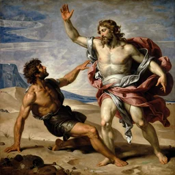 the hand of god trying to obliterate a single man on a desert land, in the style of michelangelo buonarroti, classical paint, 8 k