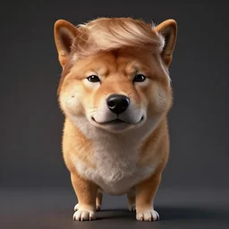 Doge with donald trump body, realistic artstyle, wide shot, dramatic lighting, octane render, hyperrealistic, high quality, highly detailed, HD, beautiful, cinematic, 8k, unreal engine, facial accuracy, symmetrical