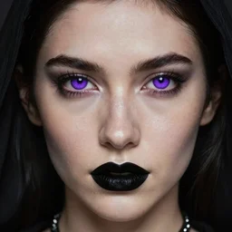 Realistic portrait of a mage with black lips and purple eyes.