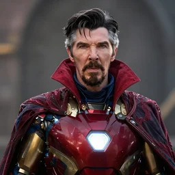 Portrait of doctor strange in Iron man's armor, zack snyder film still