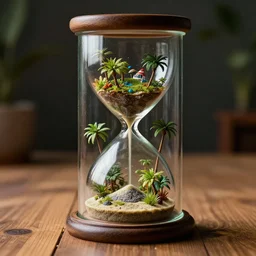 a tropical island inside a glass jar!! hourglass, standing on a wooden table, intricate, highly detailed, volumentric lighting, hyperrealistic, octane render 8 k, artstation, cgsociety, kodak 5 0 mm, macro shot, artgerm, wlop