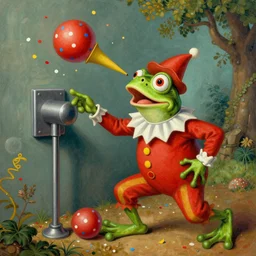 The Clown Frog King pulls the lever initiating clown world, confetti bombs and honking ensues, painting by Hieronymous Bosch