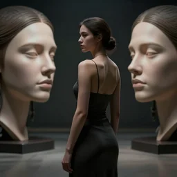photo back into the chamber turning a woman, perfect symmetrical face, dramatic lighting, concept art by cedric peyravernay maciej kuciara, medium shot, ground angle, uhd 8 k, shallow depth of field, cgsociety, trending in artstation, neo figurative, unreal engine, physically based rendering