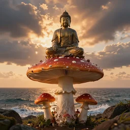a buddha sitting on top of a giant amanita muscaria mushroom, in front of the ocean, at sunset,