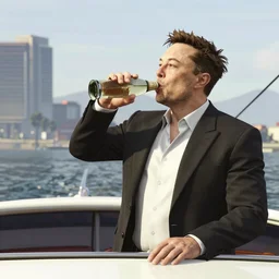a photo of Elon musk drinking champagne with Elle Fanning on a boat in GTA V