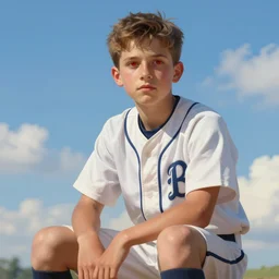 portrait of a young baseball player, 1 8 years old, blue sky and white clouds, red eyes, peaceful expression, detailed face, amazing, thighs, the feeling of summer, intricate, highly detailed, digital painting, artstation, concept art, sharp focus, illustration, art by greg rutkowski and alphonse mucha