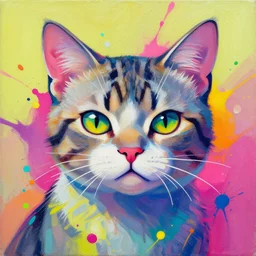 cyberpunk cat portrait an acrylic painting splashes with many colors and shapes by gustav klimt greg rutkowski and alphonse mucha, polycount, generative art, psychedelic, fractalism, glitch art