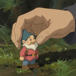 hyperrealist studio ghibli dull colors pov shot from close encounters of the third kind 1 9 7 7 of a giant hand grabbing a gnome.