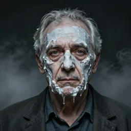 Hyper realistic portrait of a old man with melting face, Dark Studio Lighting, fog, by Emil Melmoth, Trending on Artstation, 8k