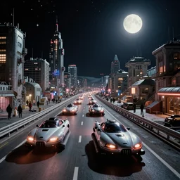 tens of plasma hovercraft vehicles on the autobahn in a Russian cyberpunk slum city called Neo Norilsk on the Moon, at night, diverse, lively, black sky full of stars, blinding sun, sci-fi, lots of flying cars, levitation, cyberpunk outfits, photorealistic, grainy, 35mm, intricate, very very beautiful, elegant, smooth, cinematic, Unreal Engine 5, by Beeple, trending on Artstation HD