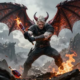 the witcher epic battle against a winged demon, fighting stance, broken bottle of magic potion, fire detail, fierce, epic moment, sharp details, trending artstation hq, epic fantasy, cinematic lighting, photorealism, 8 k.