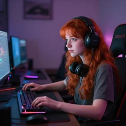 photo of cute young redhead girl gaming at her desk in bedroom, rgb led, soft round face, dslr, wlop, artgerm, ultra realistic, trending on artstation, perfect lighting, high contrast, bokeh, sharp details, hasselblad, detailed