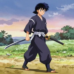 samurai Champloo Samuel Jackson samurai walking with shiefed katana, in style of samurai Champloo anime