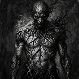 award - winning painting of a person infested with pitch black, tar - like, shadow roots with lots of tendrils on the skin, black veins, intricate detail, deep black roots, infestation, shadowy, lovecraftian, beksinksi, black and white, chiaroscuro, portrait painting