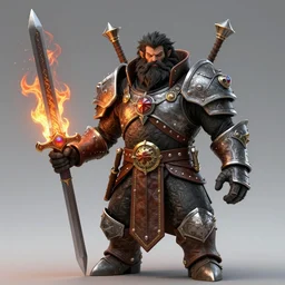 photorealistic bugbear ranger holding sword on fire, magic, black beard, dungeons and dragons, pathfinder, roleplaying game art, hunters gear, jeweled ornate leather and steel armour, concept art, character design on white background, by sargent, norman rockwell, makoto shinkai, kim jung giu, artstation trending, poster art, colours red