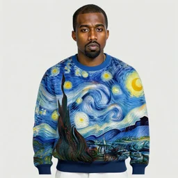 portrait of kanye west in a yeezy sweatshirt in the style of vincent van gogh, colorful, artistic, vibrant, high fashion, art