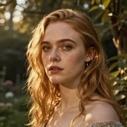 Elle Fanning, head and shoulders masterpiece, in Dark Souls, golden hour, in a garden, artstation, in the style of Retro-Futurism and Edward Hopper and Bosch, extremely detailed