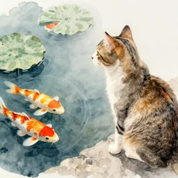 cat looks at koi pond, intricate watercolor illustration by john singer sargent