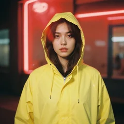 A portrait photography of a woman wearing a yellow raincoat with hoodie. Cinematic. Red neon lights and glow in the background. Lens flare. Portra 800 film.
