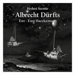 astronomy textbook professional illustration by Albrecht Dürer with night starry sky with flying ships in sci-fi space with very dark and disturbing atmosphere, old vintage Victorian England engraving, made by Ernst Haeckel