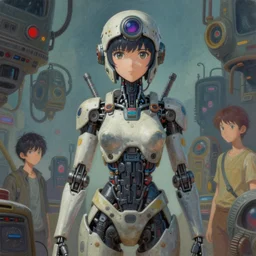 surreal gouache painting, by yoshitaka amano, by ruan jia, by conrad roset, by good smile company, detailed anime 3d render of a female mechanical android, portrait, cgsociety, artstation, modular mechanical costume and headpiece, dieselpunk atmosphere