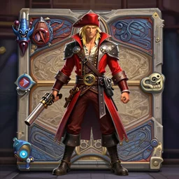 Hearthstone official professional art. A vash blond male pirate using red long red rob and two guns inspired on triggun vash . Insanely coherent physical body parts (face, arms, legs, hair, eyes). Full body realistic, sharp focus, 8k high definition, insanely detailed, intricate, elegant, smooth, sharp focus, illustration, ArtStation