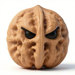 a severe large walnut with two severe eyes and a mouth without a nose, white background, artstation, pinterest, detailed product photo, 3 / 4 pose