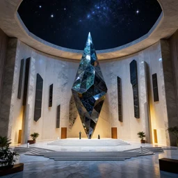 a building hall with a sense of science and technology, with starlight on the top, by stuart lippincott, coloured, obsidian, geometry, octane render, ray tracing, realistic, diorama, ultra wide angle, ray tracing, volumetric lighting, dynamic lighting, dramatic lighting, high contrast, concept art, marble, religious, surrealism, catholicpunk, stark, trending on artstation