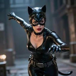 Portrait of Monica Belluci As Catwoman, hyperealistic, volumetric lighting, hyperrealistic, photorealistic, beautiful details, HDR, octane render, action shot, wide angle, bokeh
