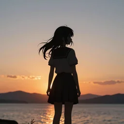 anime girl facing the japanese sunset, extreme back lit silhouette