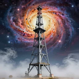 the one and only unique large base majestic upright mechanic steel tower, highly detailed background, fog on the ground, cosmic sky, a dash of magic, vibrant color palette, trending on artstation, digital art, by salvador dali and david normal