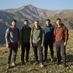 “Realistic detailed faces of the Willow team in Armenia hiking at a weekend and posing with mountains on the background, text ‘Willow’ word at the top of the poster”