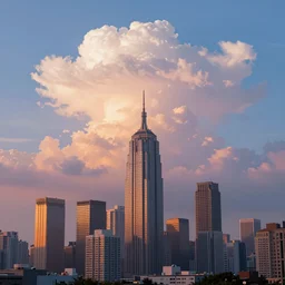 scifi concept art of a futuristic city dowtown close - up, by greg rutkowski, brutalist architecture, cumulonimbus clouds, sunset, nostalgic, very very very beautiful art, cinematic lighting, bright pastel color, blue sky