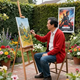 a middle aged man with black hair wearing a red cardigan sitting at a painting easel in his back yard, flower everywhere, brick patio, hedges, movie poster, concept art, trending on artstation