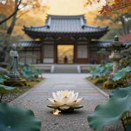 minimalist japanese garden, lotus, temple, statue, p, smoky autumn lightings, smoky atmosphere, japanese garden background, micro details, depth of field, annie leibovitz and moebius