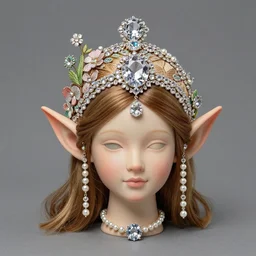 a beautiful picture of elf head ornament with gem, diamonds, small flower, pearls chain, embroidery design ， by greg rutkowski and thomas kinkade, trending on artstation