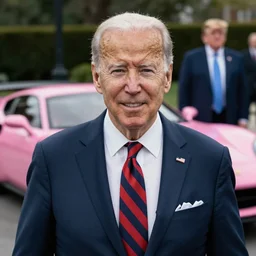 a portrait of president biden as a 7 0 s pimp with a pink sportscar in the background and donald trump midget