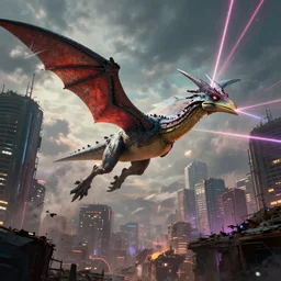 a teradactyl shooting lasers from the sky in destroyed city cyberpunk, fantasy, 4 k, octane render