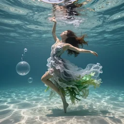 a beautiful woman with long hair dancing underwater wearing a very long flowing dress made of many translucent layers of silver and green lace seaweed, gentle ocean waves above cause the flicker of caustics lighting on the soft sandy bottom, bubbles flicker with large translucent swirling shapes in the background, octane render, cinematic, hyperdetailed