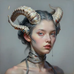 a detailed portrait beauty girl cyber shell like horns shaped hairstyle wrapping around neck, wide painting by greg rutkowski and hr giger, zbrush, trending on artstation : 1 h 1 0 2 4